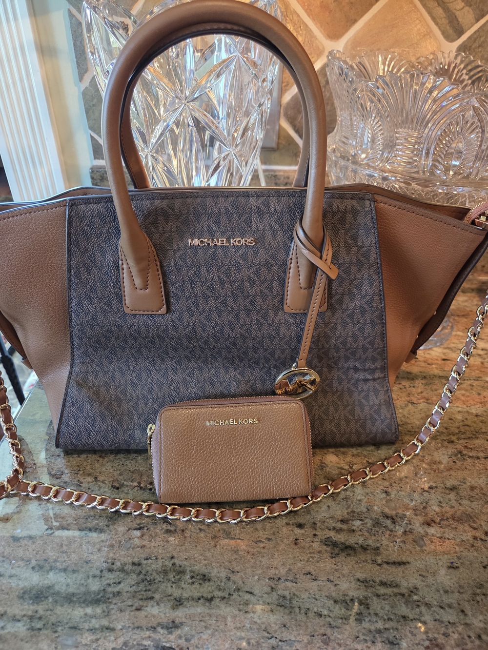 Michael Kors Brown Logo Satchel with Chain Strap and Wallet
